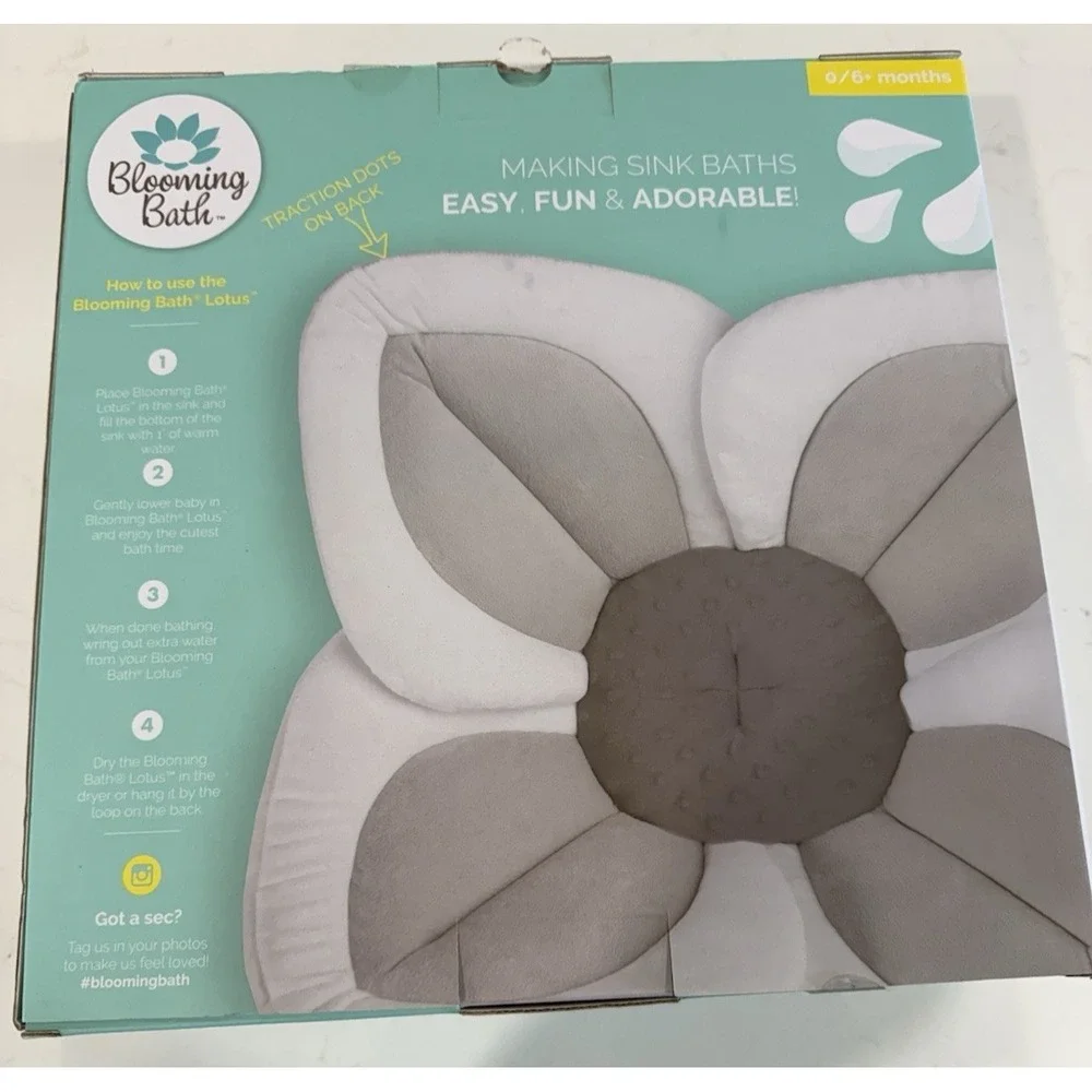 Blooming Bath Lotus Premium Plush Spa‎ Baby Bath Seat 0-6 Mo Gray Cream SOFT NIB